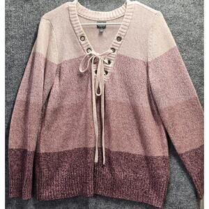 SOHO New York & Co Jeans Sweater Size M Cream Pink Mauve Wine Striped Laced Tie